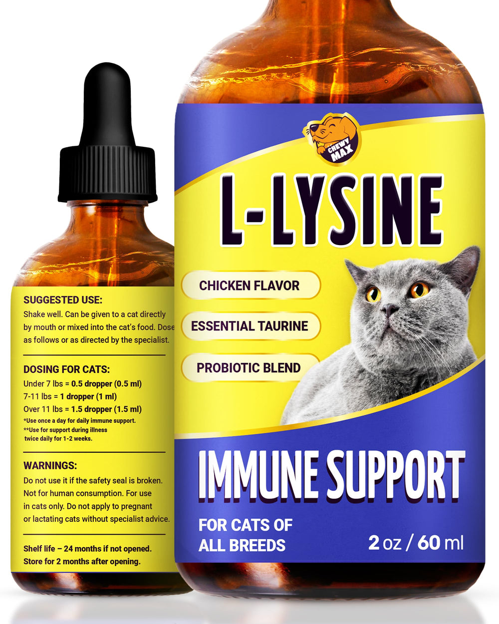 Chewy Max L-Lisina para gatos, botella, apoyo suave para vías respiratorias.