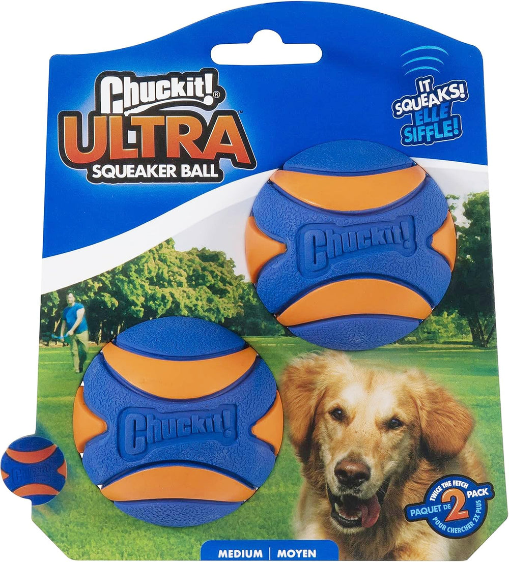 Chuckit Ultra Squeaker, pelotas chirriantes naranja-azul para fácil localización durante el juego.