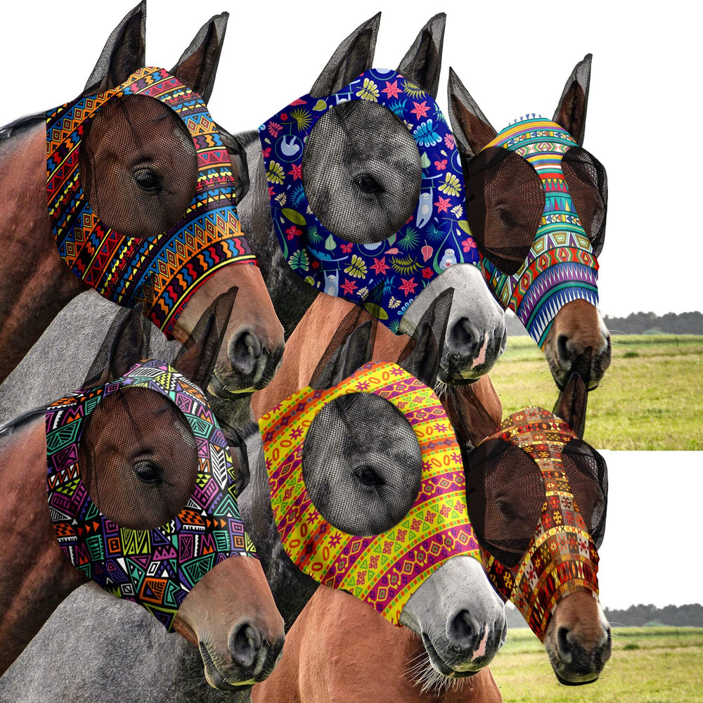 Chunful máscara moscas para caballo con orejas, diseño geométrico y protección suave.