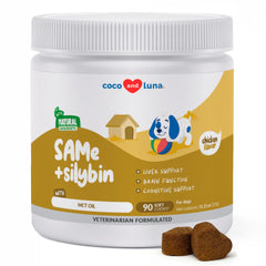 Coco y Luna SAMe y silibina en botella, destaca soporte hepático para perros.