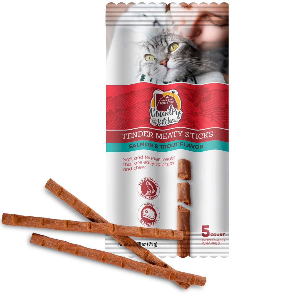 Country Kitchen Salmon & Trout Tender Meaty Sticks ofrece mordida suave para gatos