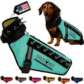 CoyoteVest arnés para perro, vista frontal, ofrece ajuste cómodo para paseos seguros.