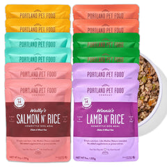 Bolsas Salmón y Arroz de Portland Pet Food Company, ideal como topper nutritivo para perros selectivos