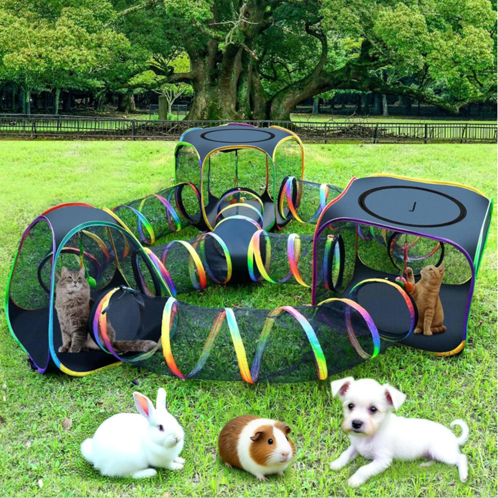 CypherX recinto gato exterior arcoiris hexágono: refugio espacioso para juego al aire libre.