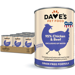 Dave's Pet Food comida húmeda sin granos con 95% pollo y res, nutrición concentrada para perros