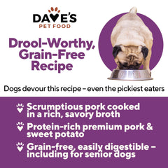 Dave's Pet Food etiqueta sin grano, opción natural para perros sensibles.