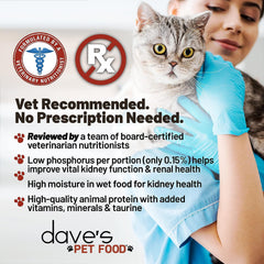 Dave's Pet Food Kidney Support: textura suave de paté, alta humedad para frescura diaria.