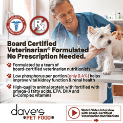 Dave’s Pet Food Kidney Care mezcla con agua para textura húmeda adaptable.