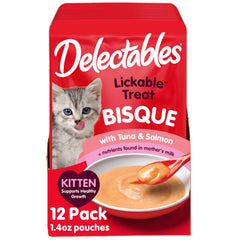 Delectables bisque para gatito con pollo y verduras, delicioso premio con hidratación.