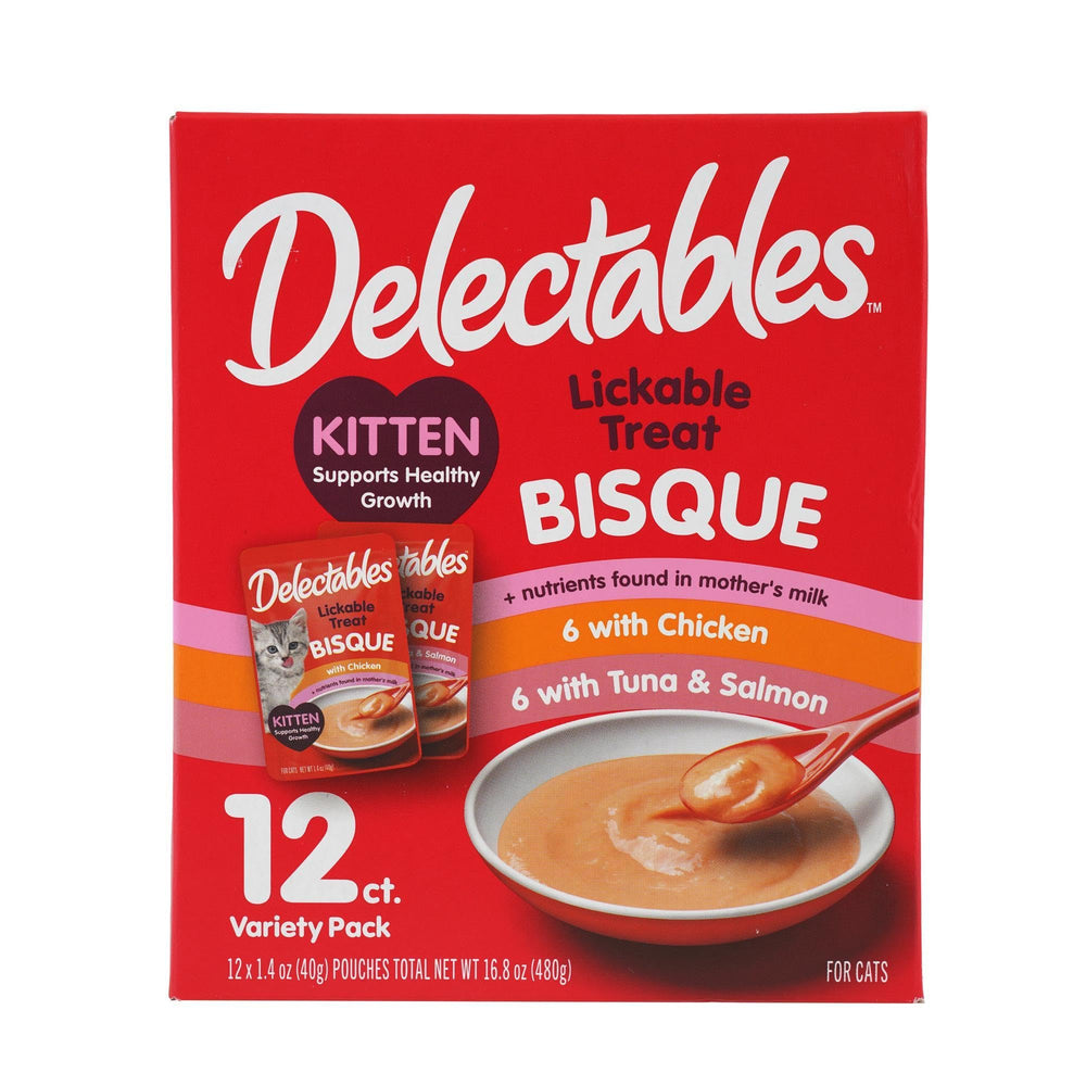 Delectables Bisque con atún y salmón, sabor premium para gatos curiosos
