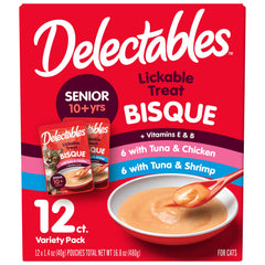 Delectables Bisque Senior en sachet 1,4 oz, présentation claire pour chat âgé.