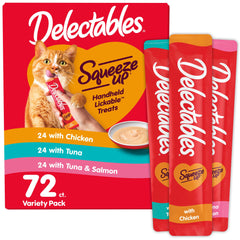 Delectables Squeeze Up: 72 tubos de puré para gatos, premiar diariamente.