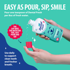 Perro bebiendo agua con Dental Fresh apoyo para higiene bucal