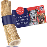 Asta de alce Monstruo de Devil Dog Pet Co, muestra masticación duradera para razas XL.