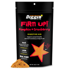 Diggin' Your Dog Firm Up pumpkin powder jar on pantry shelf for easy feeding