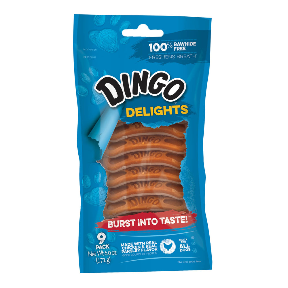 Dingo Delights: lado suave con pollo real, premio sabroso para perros.