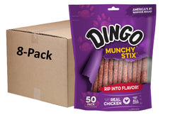 Dingo Munchy Stix con pollo real para perros, sabor duradero.