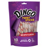 Dingo Palitos Torcidos con pollo real envuelto en cuero crudo premium para perros.