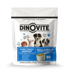 Dinovite 3 en 1 Probiótico para cachorros, frasco en primer plano, apoyo digestivo
