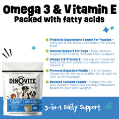 Dinovite 3 en 1 Probiótico, vertido sobre comida de cachorro, nutrición sencilla