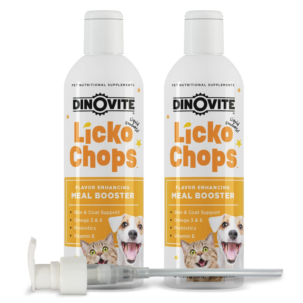 Dinovite Lickochops, botella con dispensador, ayuda a apoyar piel sana y pelaje brillante.