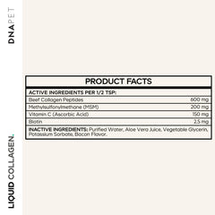DNA PET Collágeno líquido, ingredientes clave como colágeno de res, MSM, vitamina C y biotina.