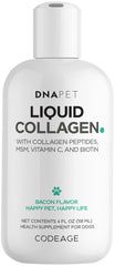 DNA PET Collágeno líquido para perros, sabor tocino, fácil de incorporar en la comida diaria.