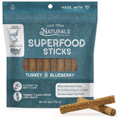 Dog Treat Naturals Superfood Sticks de pavo y arándano, bolsa visible, ideal para entrenamiento.