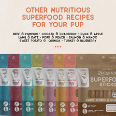Dog Treat Naturals Superfood Sticks texture appétissante, idéale pour récompenser en entraînement.