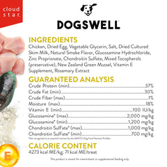 Dogswell premios de pollo, textura suave para perros activos.