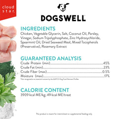 Dogswell tiras de pollo con ingredientes limpios y sin granos.