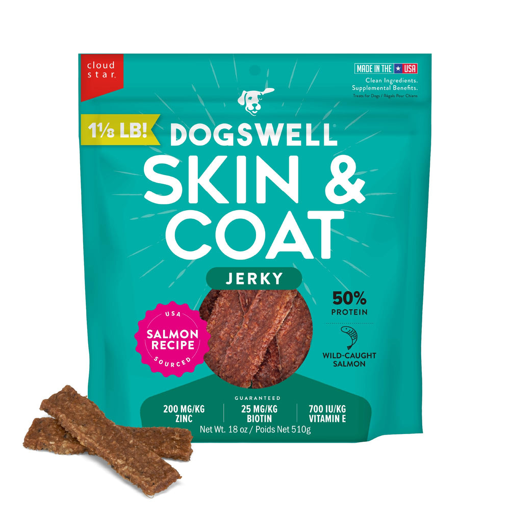 DOGSWELL jerky para piel y pelaje de salmón, empaque 18 oz para perros.