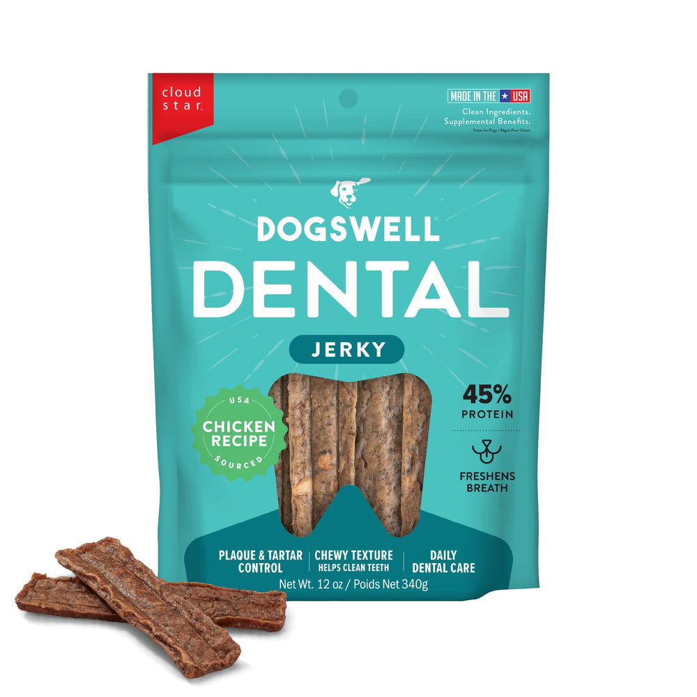 Dogswell tiras dentales de pollo 12oz, empaque visible para cuidado dental diario.