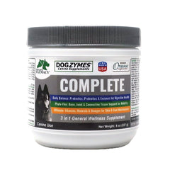 Dogzymes Completo botella frontal, suplemento integral para piel y articulaciones de perros.