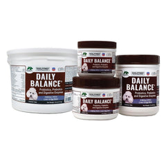 Dogzymes Probiotic Daily Balance frasco mostrando apoyo a la flora intestinal.