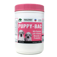 Dogzymes Puppy-Bac empaque frontal, opción de reemplazo de leche para cachorros.