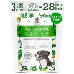 Dr. Harvey's Veg-to-Bowl base deshidratada sin granos, preparación casera rápida.