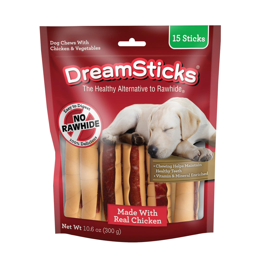 DreamBone DreamSticks con pollo real para perros, sin cuero crudo, sabor irresistible.