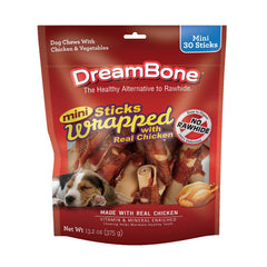 DreamBone mini bâtonnets poulet enroulés, récompense savoureuse pour chiens actifs.