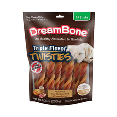 DreamBone Triple Flavor Twisties: paquete visible, snack sabroso sin cuero crudo para perros