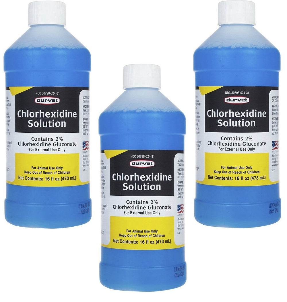 Botellas de Durvet clorhexidina 16 onzas para limpieza de heridas superficiales.