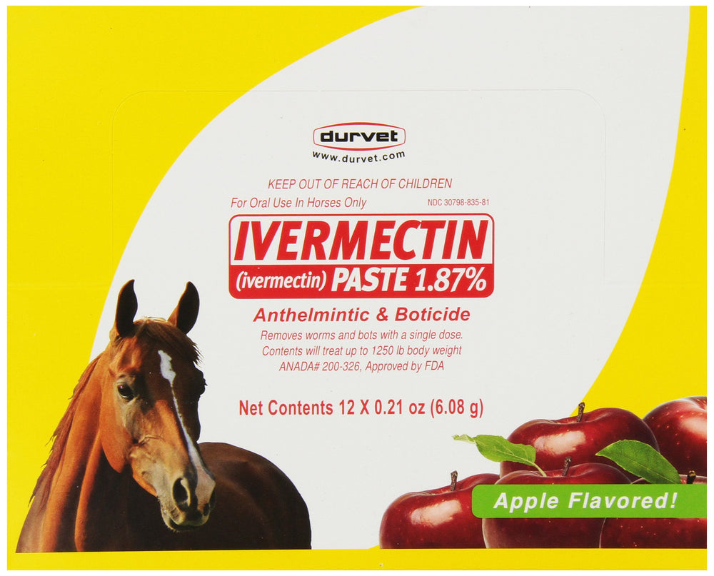 Durvet Ivermectina pasta para caballos, jeringa de sabor manzana, uso antiparasitario seguro.