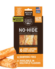 Earth Animal No Hide Chews rollos medio pollo, mordida duradera para perros medianos.