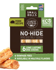 Earth Animal No Hide Chews, rollos de cerdo para perros pequeños, masticación segura y duradera.