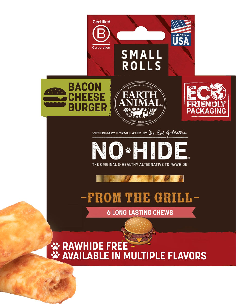 Earth Animal No Hide Rolls Bacon Cheeseburger en empaque, ideal para masticación diaria