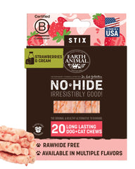 Earth Animal No-Hide Stix Fresas y Crema en empaque, snack vegetariano para perros y gatos.