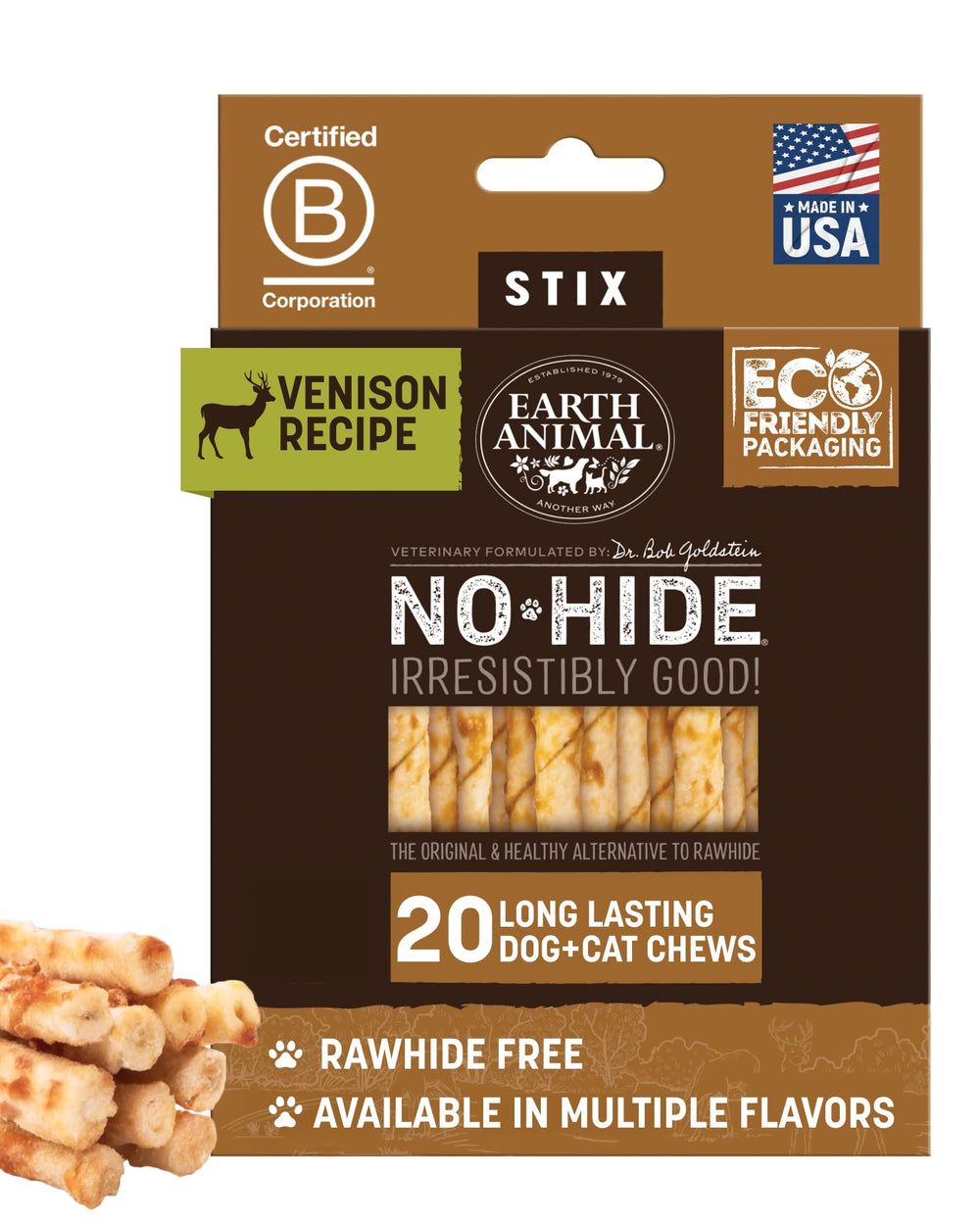 Earth Animal No Hide Stix venison durabilidad para masticar en perros pequeños.