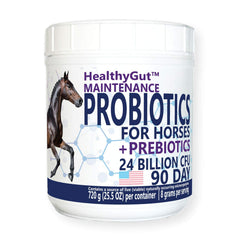 Botella de HealthyGut de Equa Holistics, probióticos para caballos, mantenimiento digestivo diario.