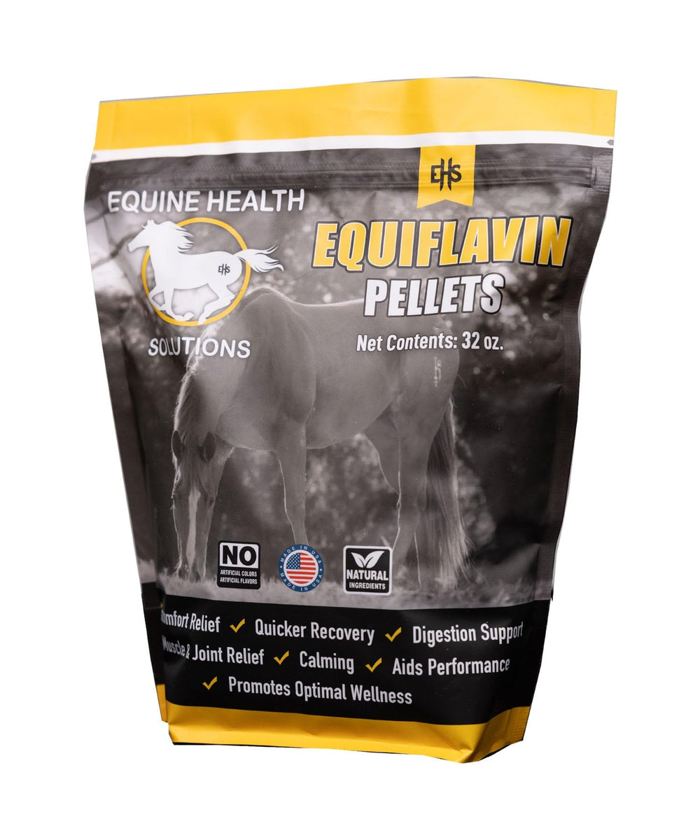 Envase de 32 onzas de Equiflavin Pellets para apoyo nervioso y movilidad en caballos.