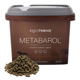 Equithrive Metabarol pellets en tarro, fácil de almacenar para uso diario.